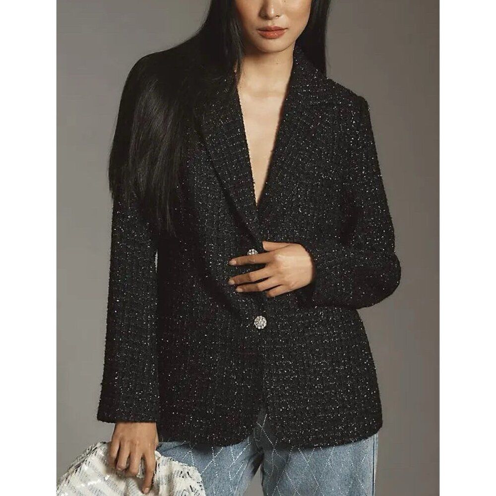 Anthropologie Mare Mare Sparkle Tweed Blazer Womens XS Black Relaxed Fit Jacket